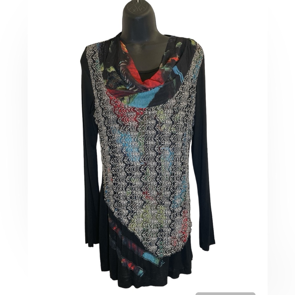 Elena Wang layered mesh abstract color splash long sleeve black tunic top